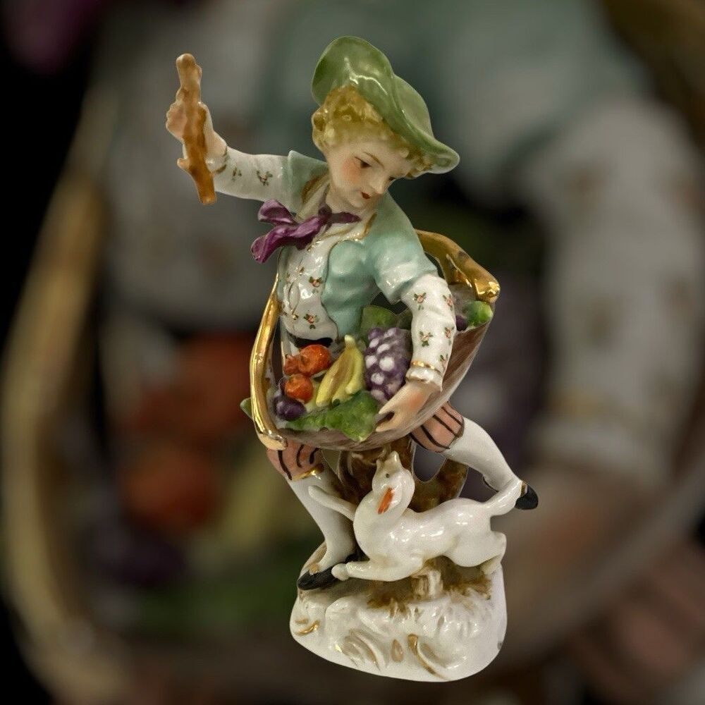 Ucagco Japanese Vintage Hand Printed Boy With Dog Porcelain Figurine